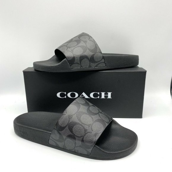 Men's COACH Charcoal Black Signature Logo Pool Slides Slip On Sandals 9 - Picture 7 of 9